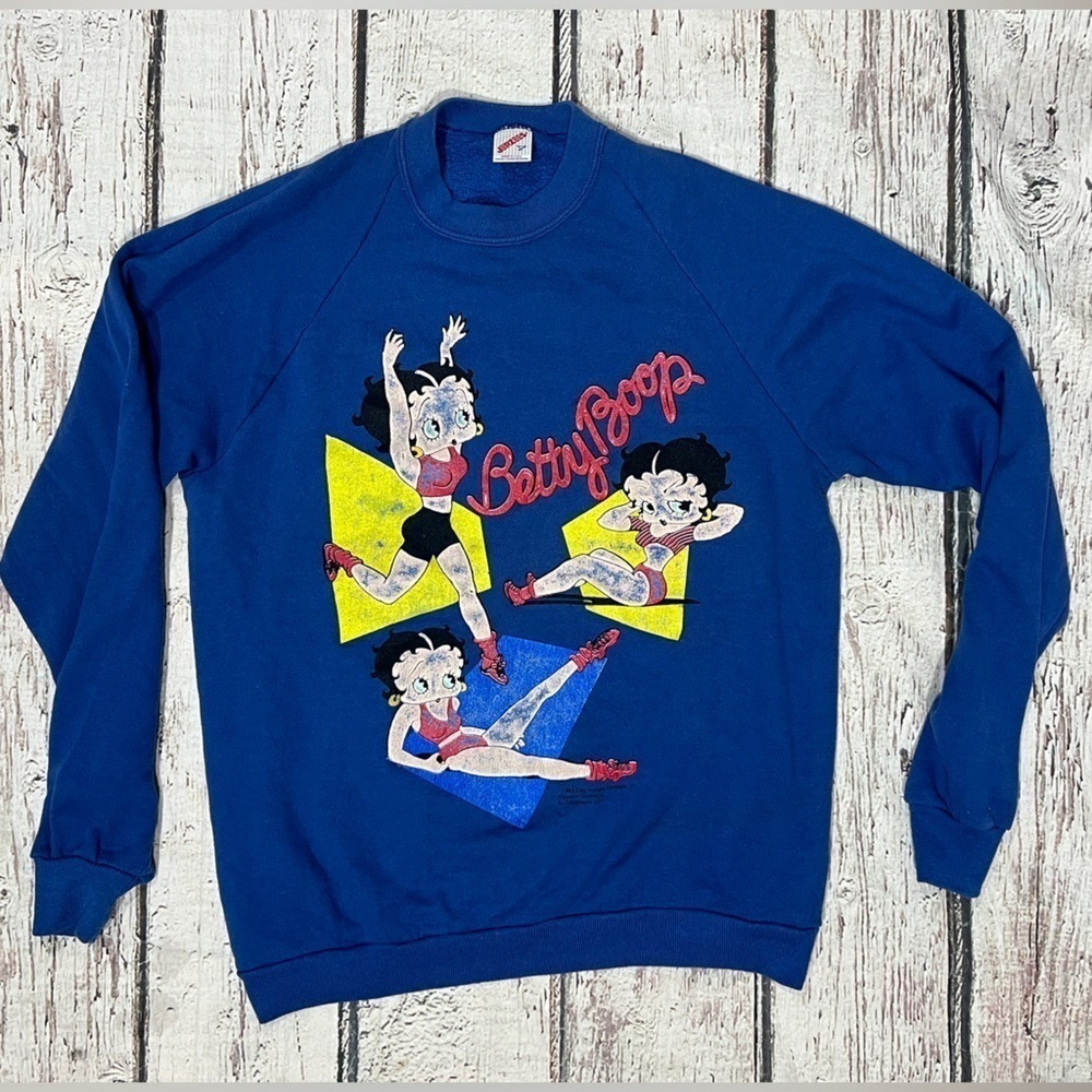 Vintage Betty Boop Cartoon Fitness 1980s Crewneck Blue Graphic Sweatshirt